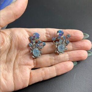 Stunning and Sparkling Vintage Silver and Blue AB Crystal Rhinestone Earrings